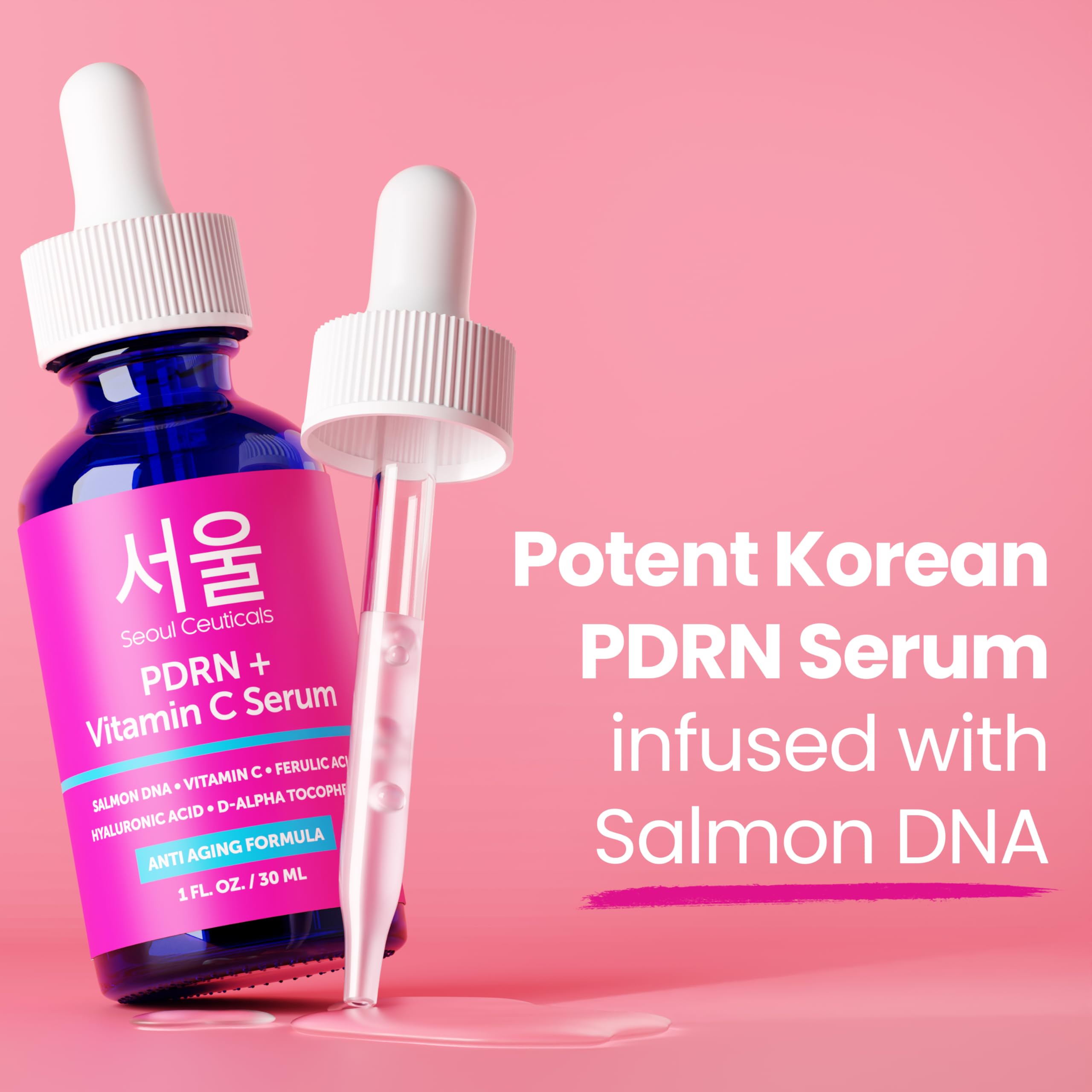 SeoulCeuticals PDRN Serum antioxidants close-up shows Ferulic acid and Vitamin E.