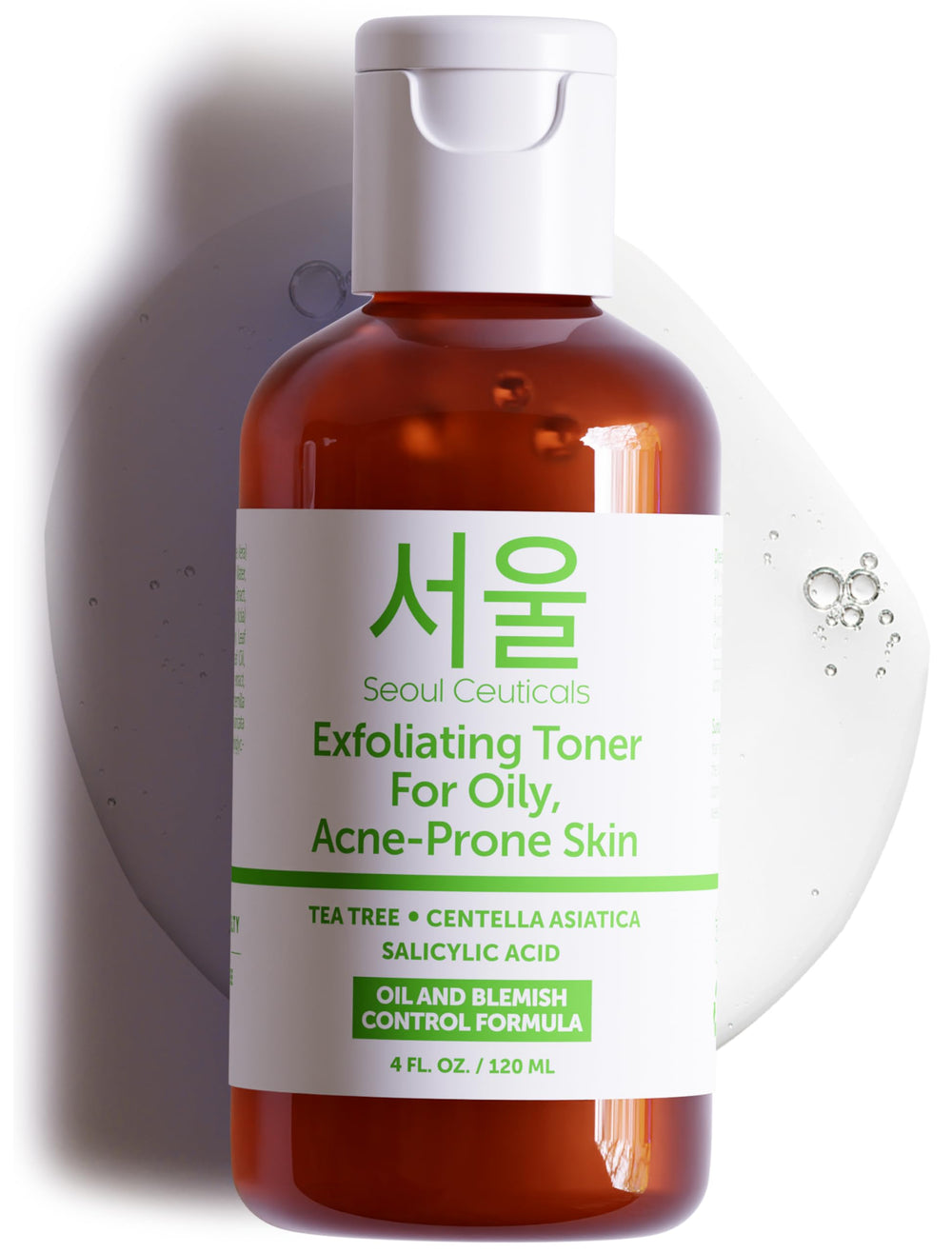 SeoulCeuticals toner bottle close-up showing oil-control benefit.