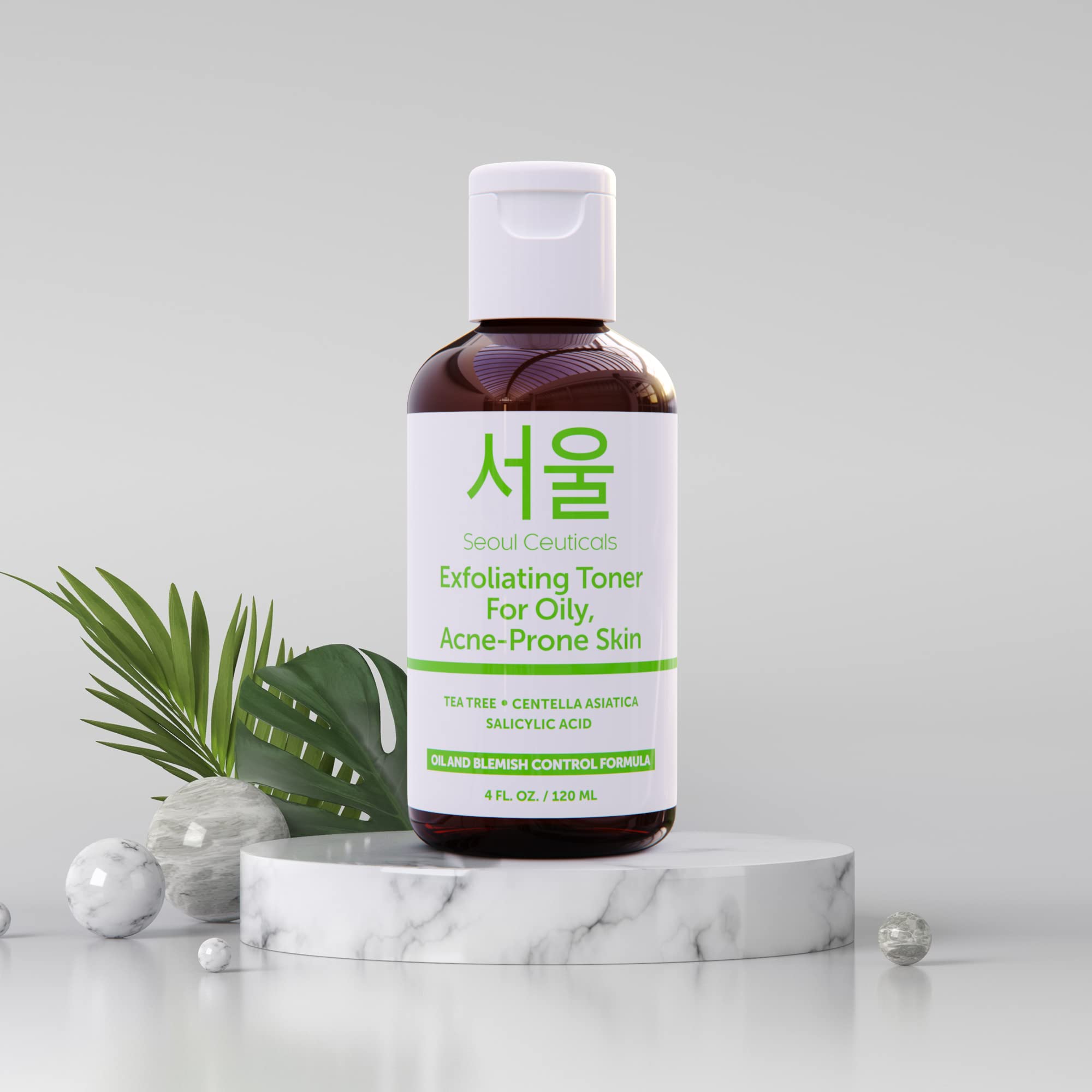 SeoulCeuticals bottle beside minimalist skincare setup for daily routine.