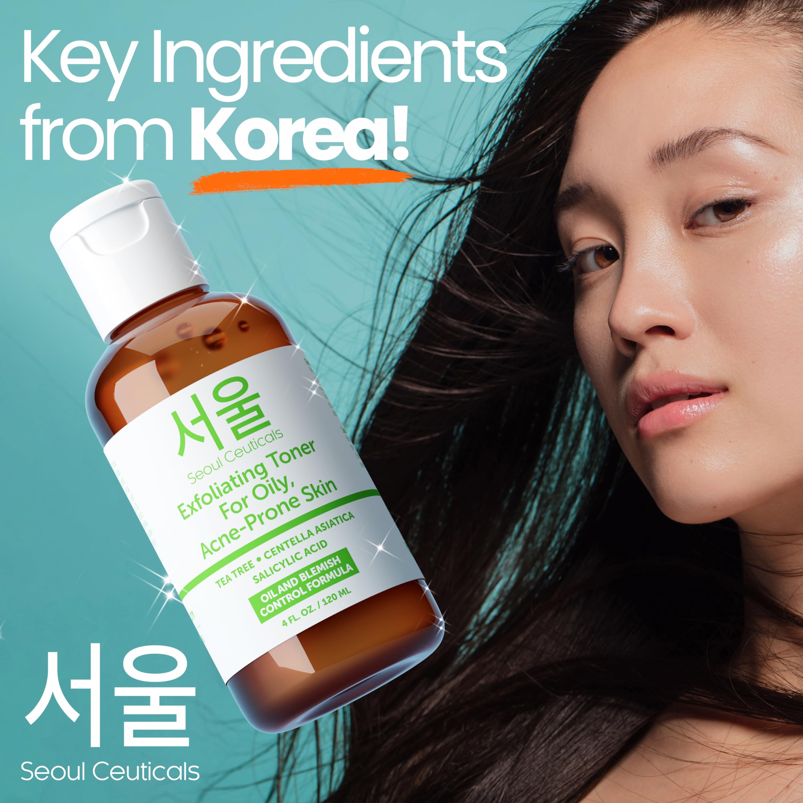 SeoulCeuticals toner ingredient panel featuring Aloe Vera and Rose for soothing hydration.