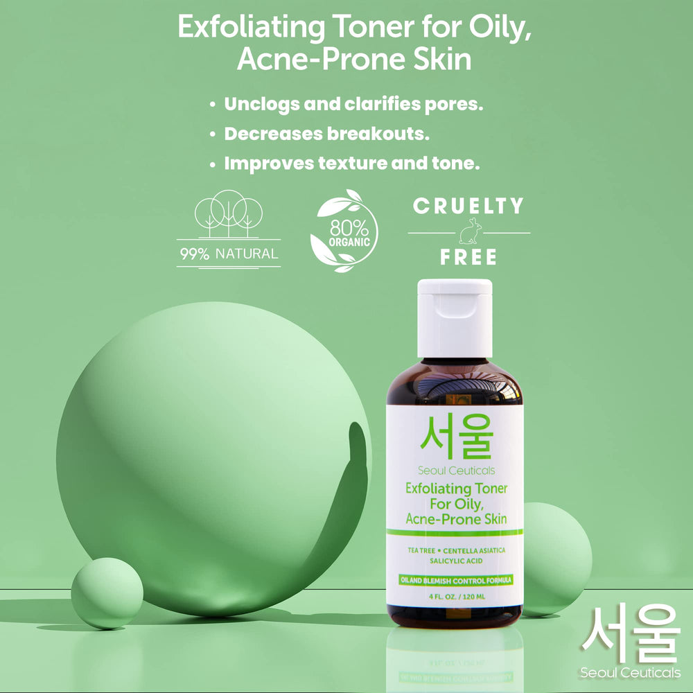 SeoulCeuticals toner being applied with a cotton pad for gentle exfoliation.