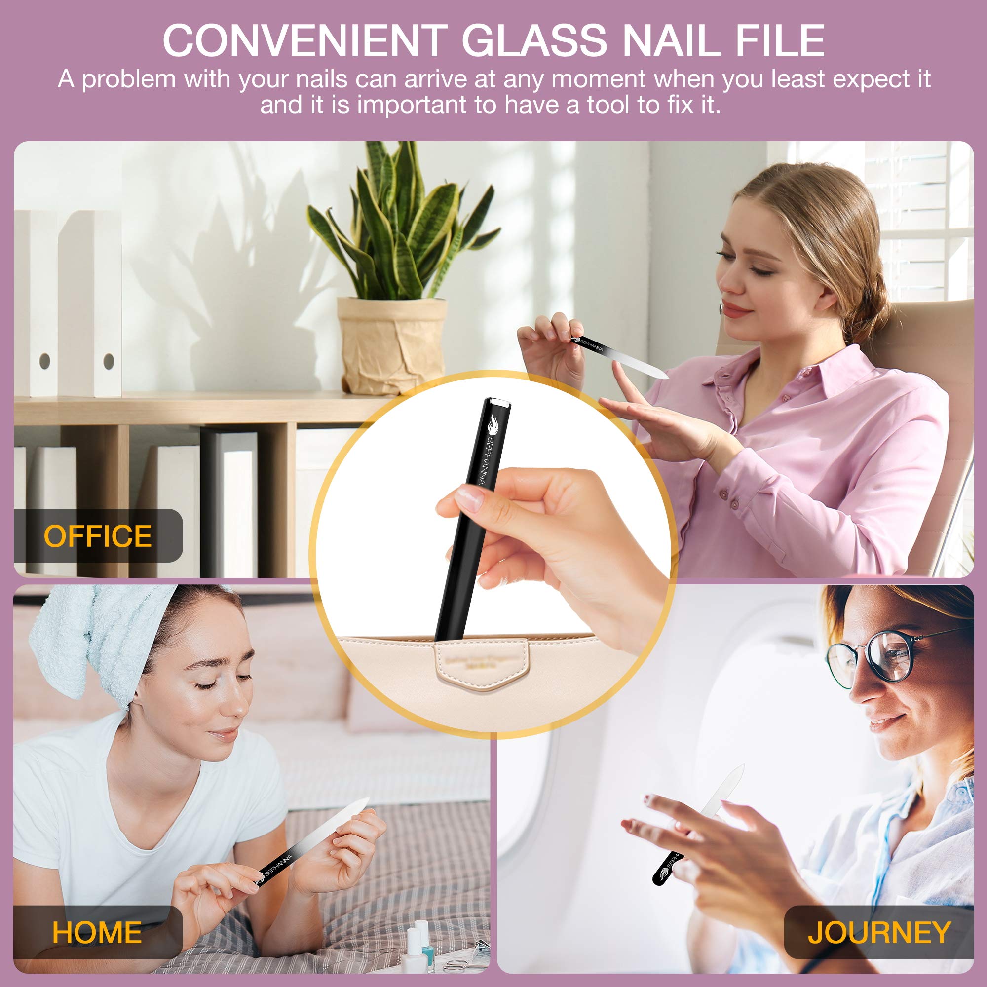 SEPHANNA Glass Nail File with purple case for gentle shaping.