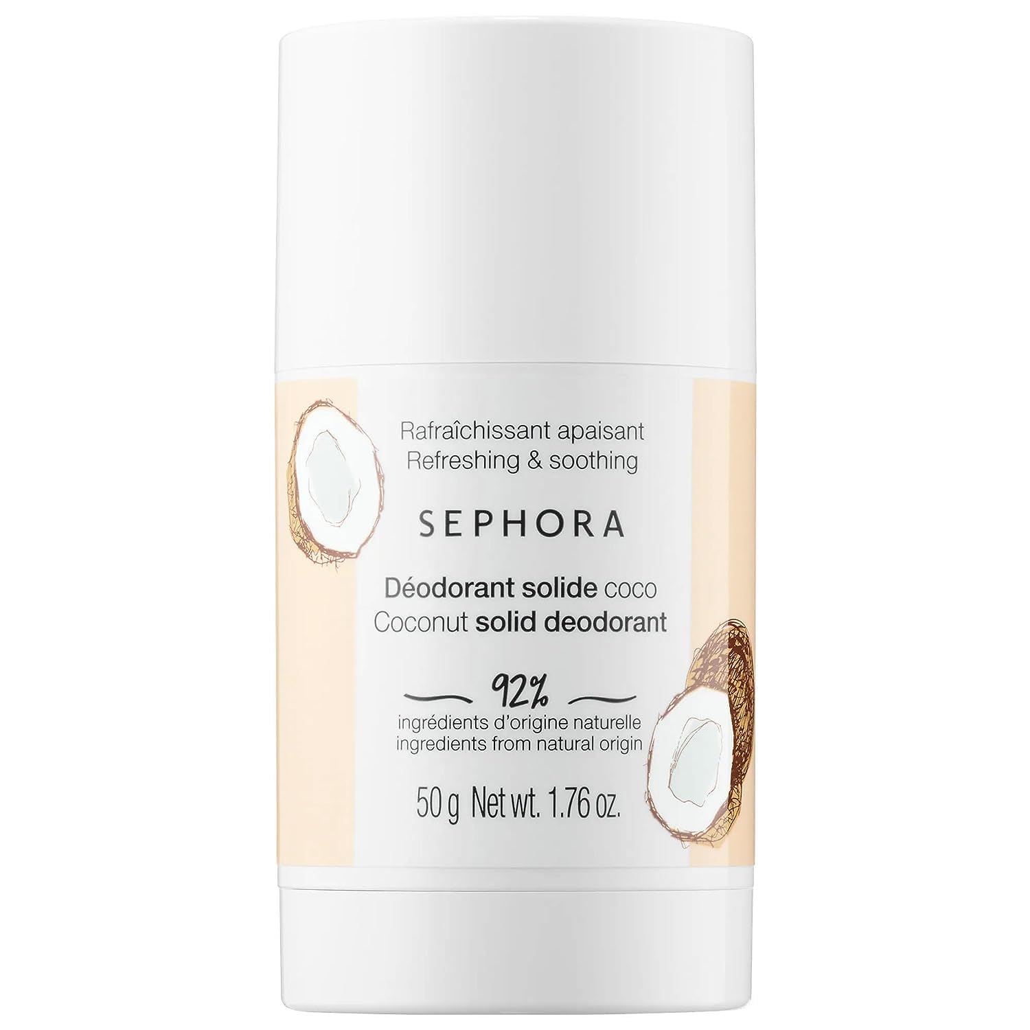 SEPHORA Coconut Solid Deodorant packaging closeup showing clean design and branding