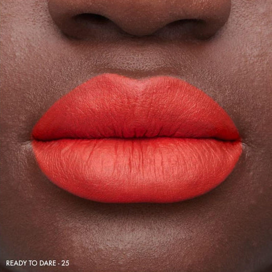 SEPHORA Matte Velvet Lipstick 25 Ready To Dare orange application close-up for precise results