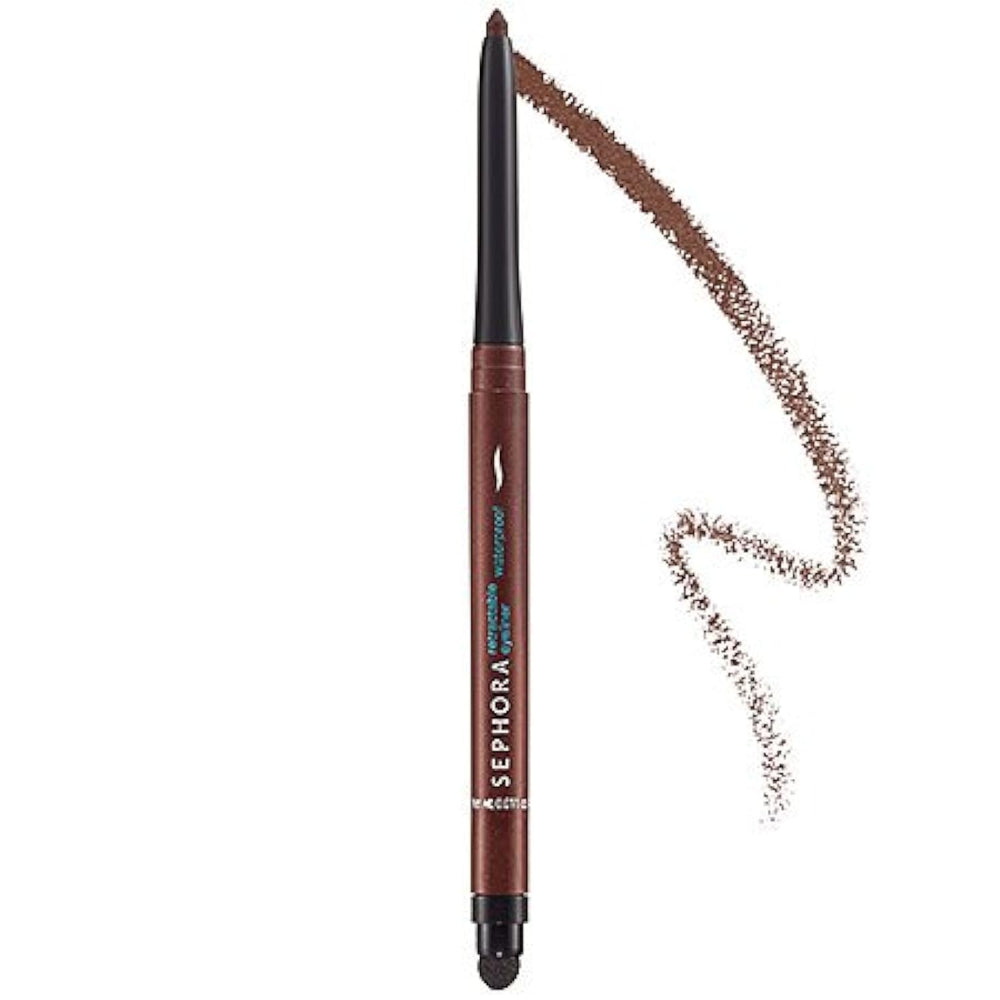 SEPHORA COLLECTION retractable waterproof eyeliner in brown, close-up highlights creamy glide and waterproof finish.
