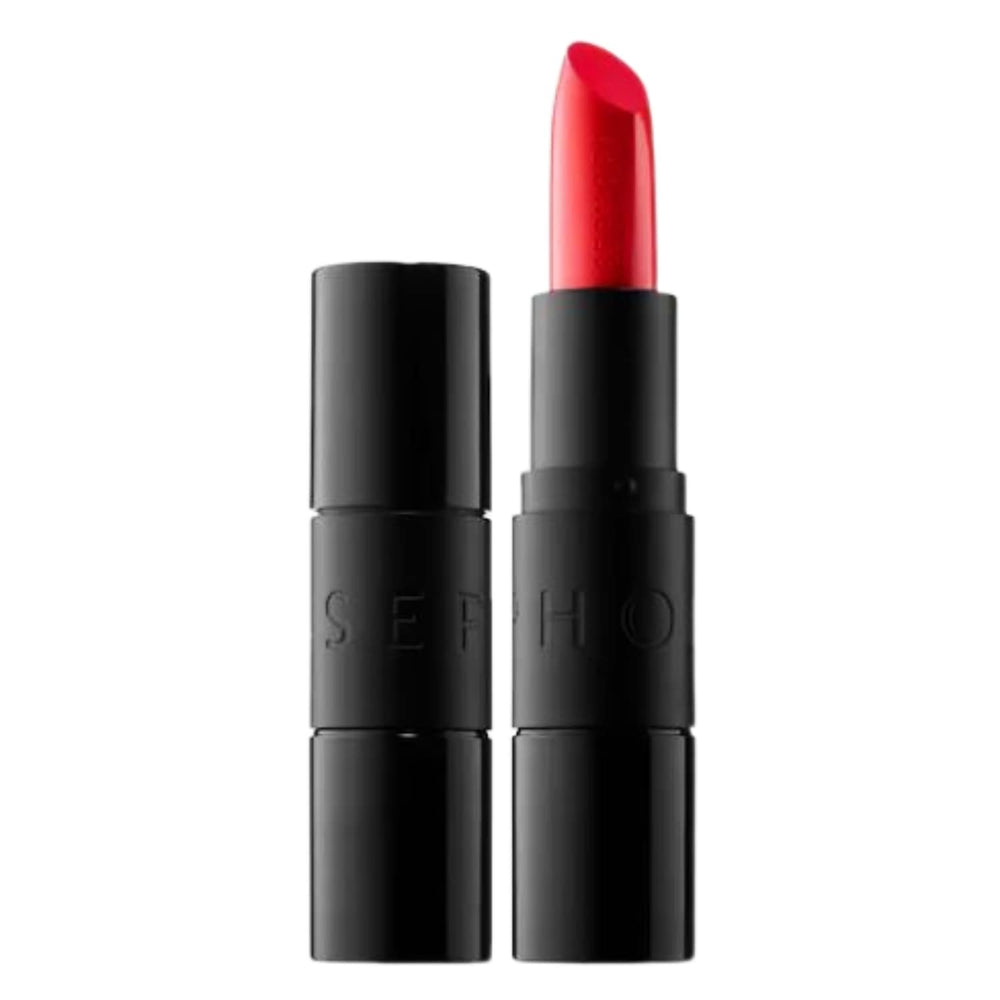 SEPHORA Collection Satin Hydrating Lipstick Firece Fire swatch showing vibrant orange color that lasts