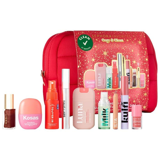 Sephora Cozy & Clean Gift Set featuring nine clean beauty essentials for daily looks.