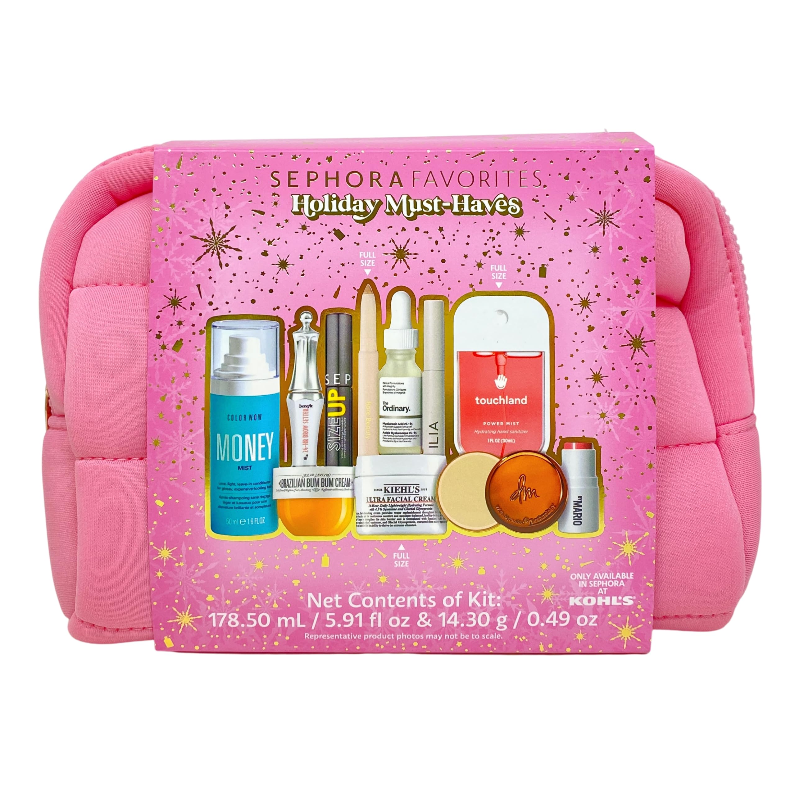 SEPHORA Favorites Holiday Must-Haves 11-Piece Gift Set pink cosmetic bag for stylish gifting.