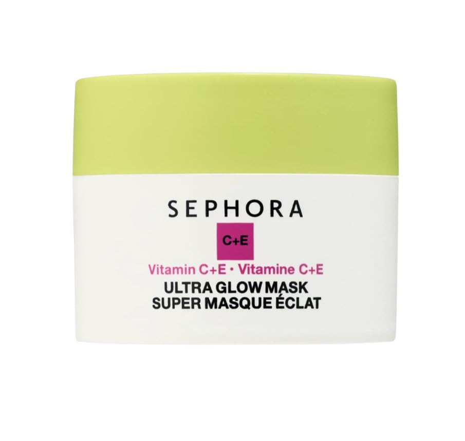 SEPHORA Super Glow Mask bottle close-up highlighting brightening benefits.