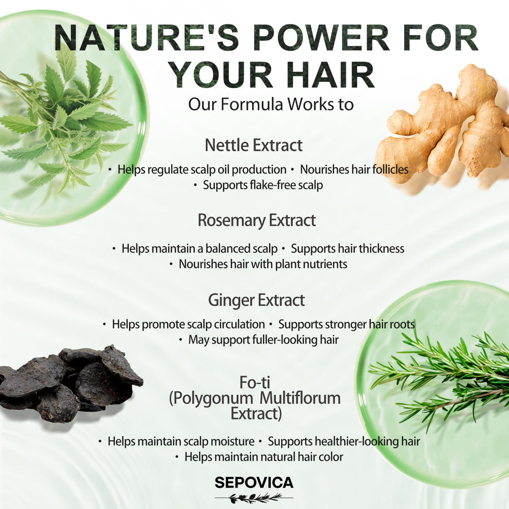 Scalp massage scene with SEPOVICA shampoo highlighting cooling botanical sensation.