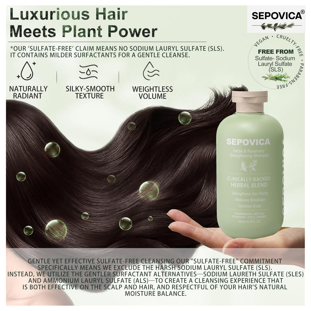 Label on SEPOVICA shampoo highlights sulfate-free formula and care.