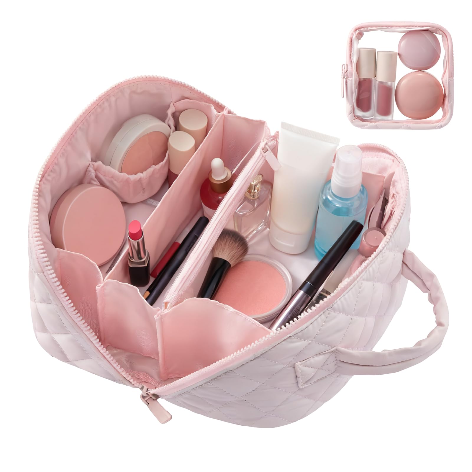 SEPSUMMER makeup bag 180° flat pink design for organized access.