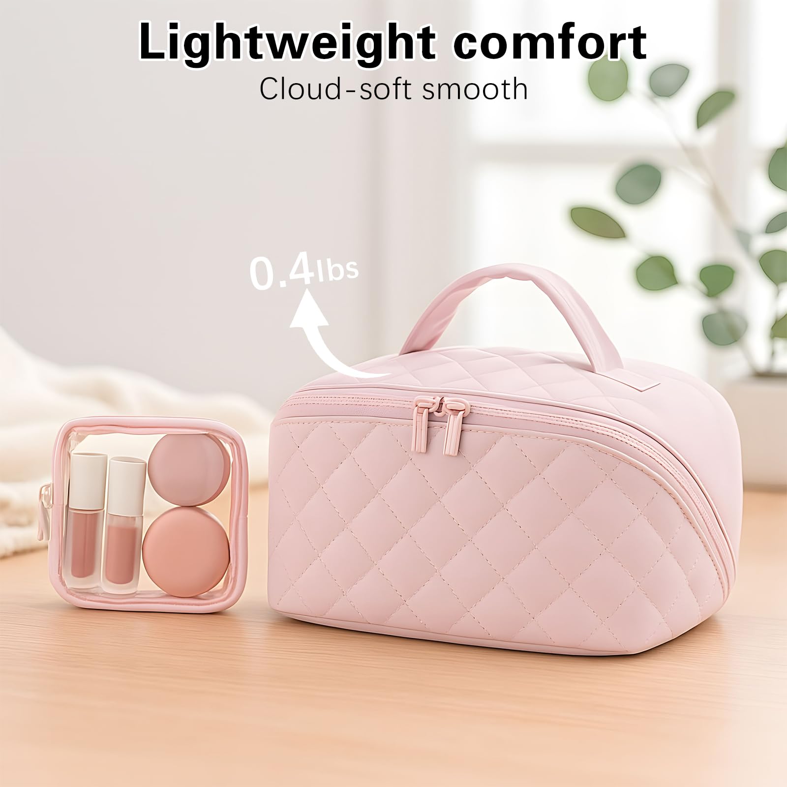SEPSUMMER pink makeup bag with machine washable lining stays clean.