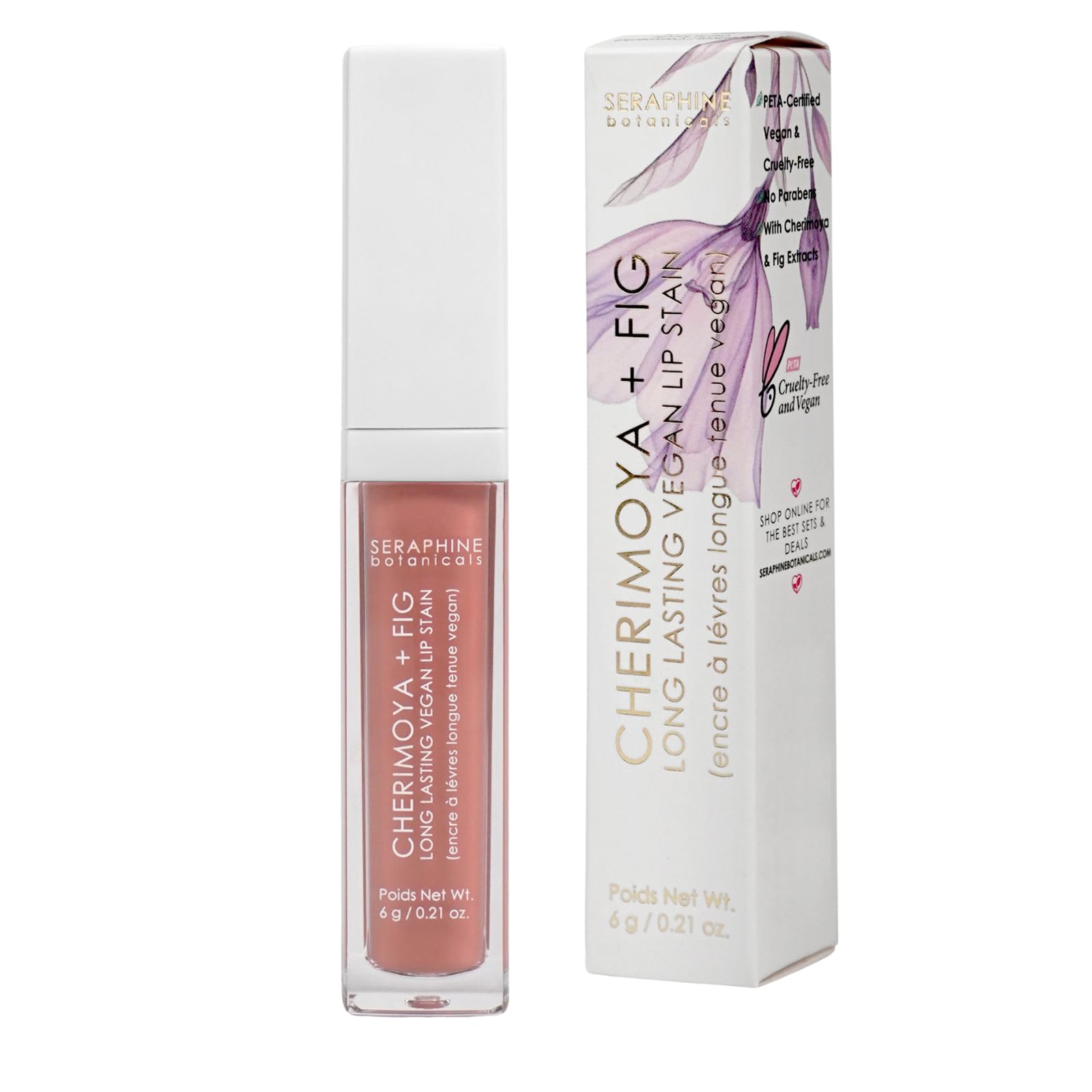 Seraphine Botanicals Lip Stain Chantilly swirl demonstrates long-lasting vibrant color.