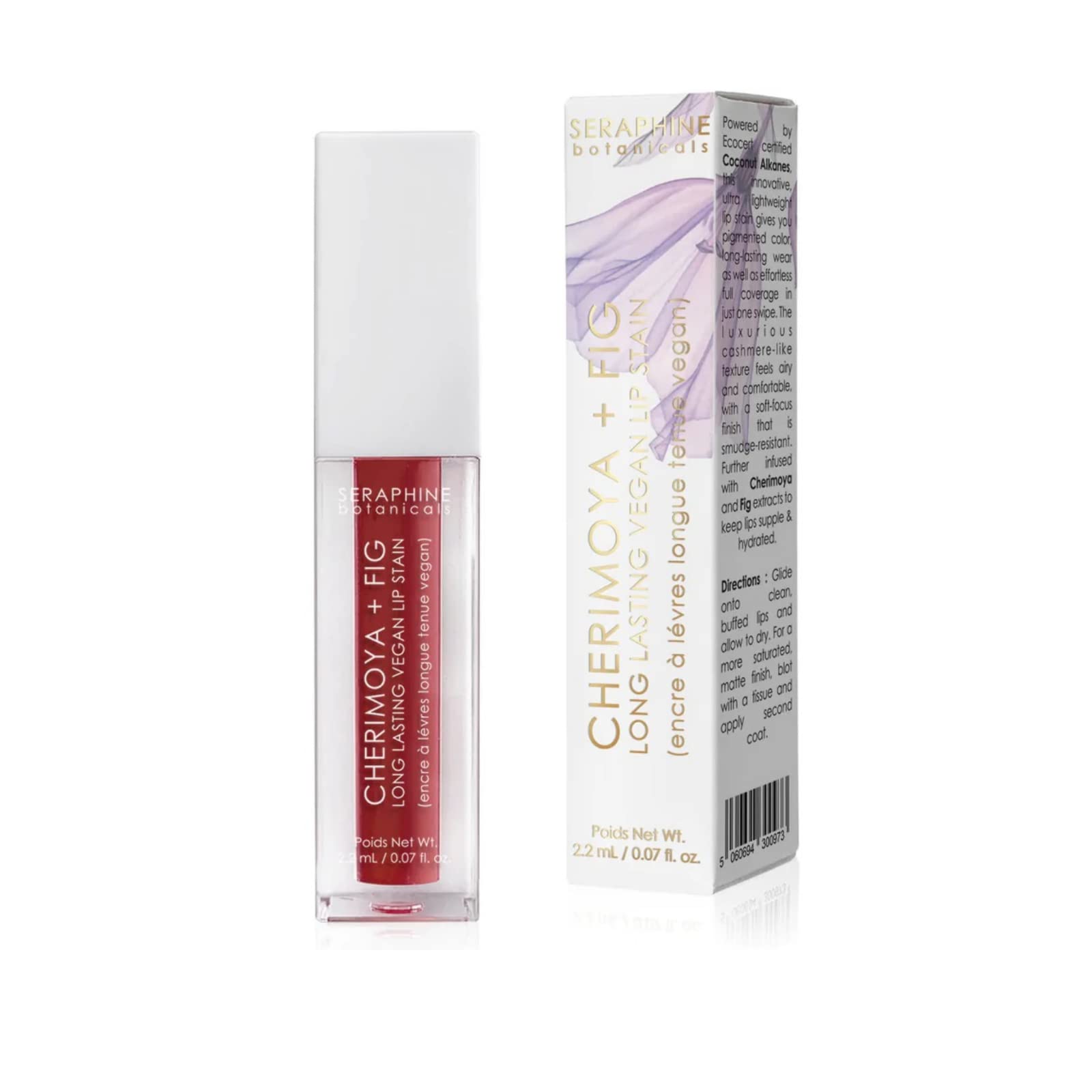 Seraphine Botanicals lip stain with cherimoya extract delivers hydrated, vibrant color.
