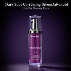 SerenSkin dark-spot remover serum texture highlights silky, fast-absorbing formula for day or night use.