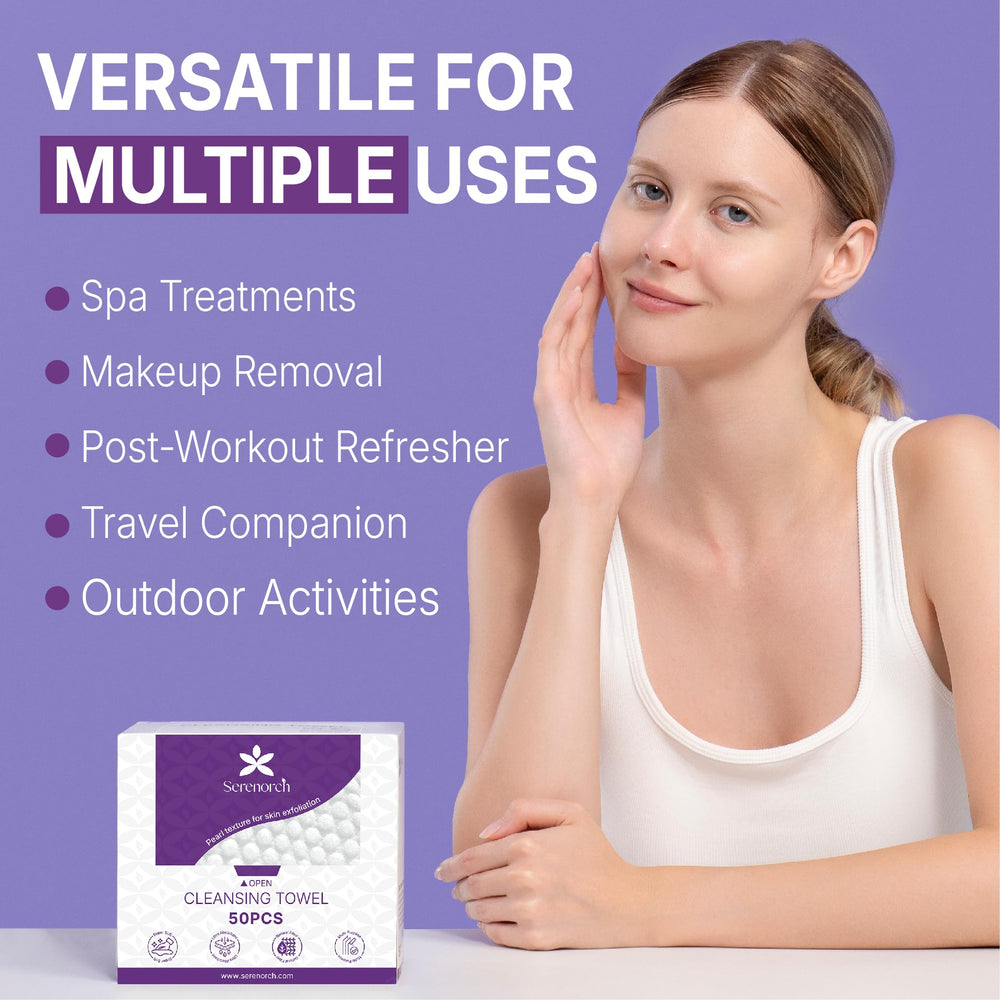 Serenorch 100-count disposable face towels packaging for easy daily use