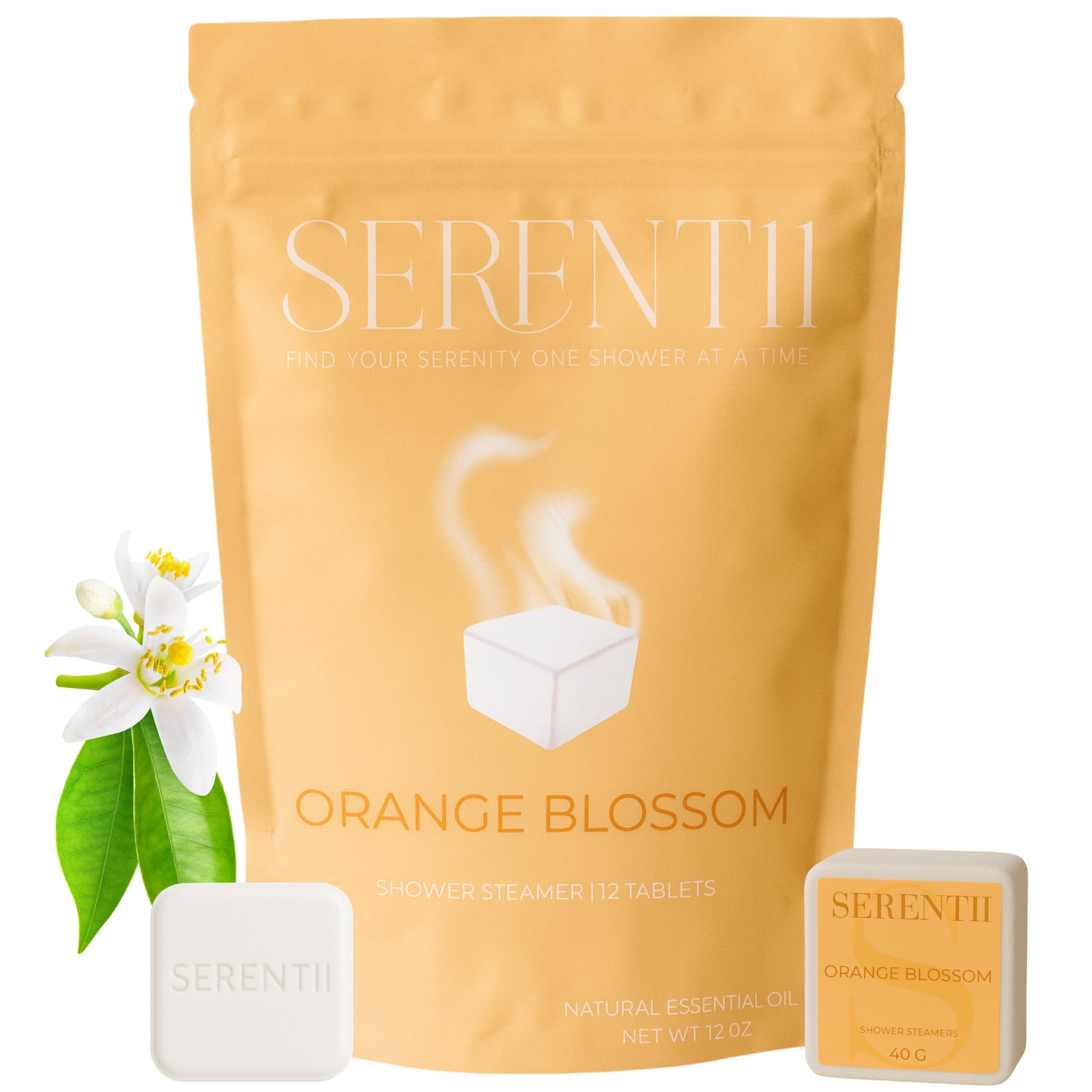 Serentii Orange Blossom shower steamer pack delivers spa-like aromatherapy for relaxation.