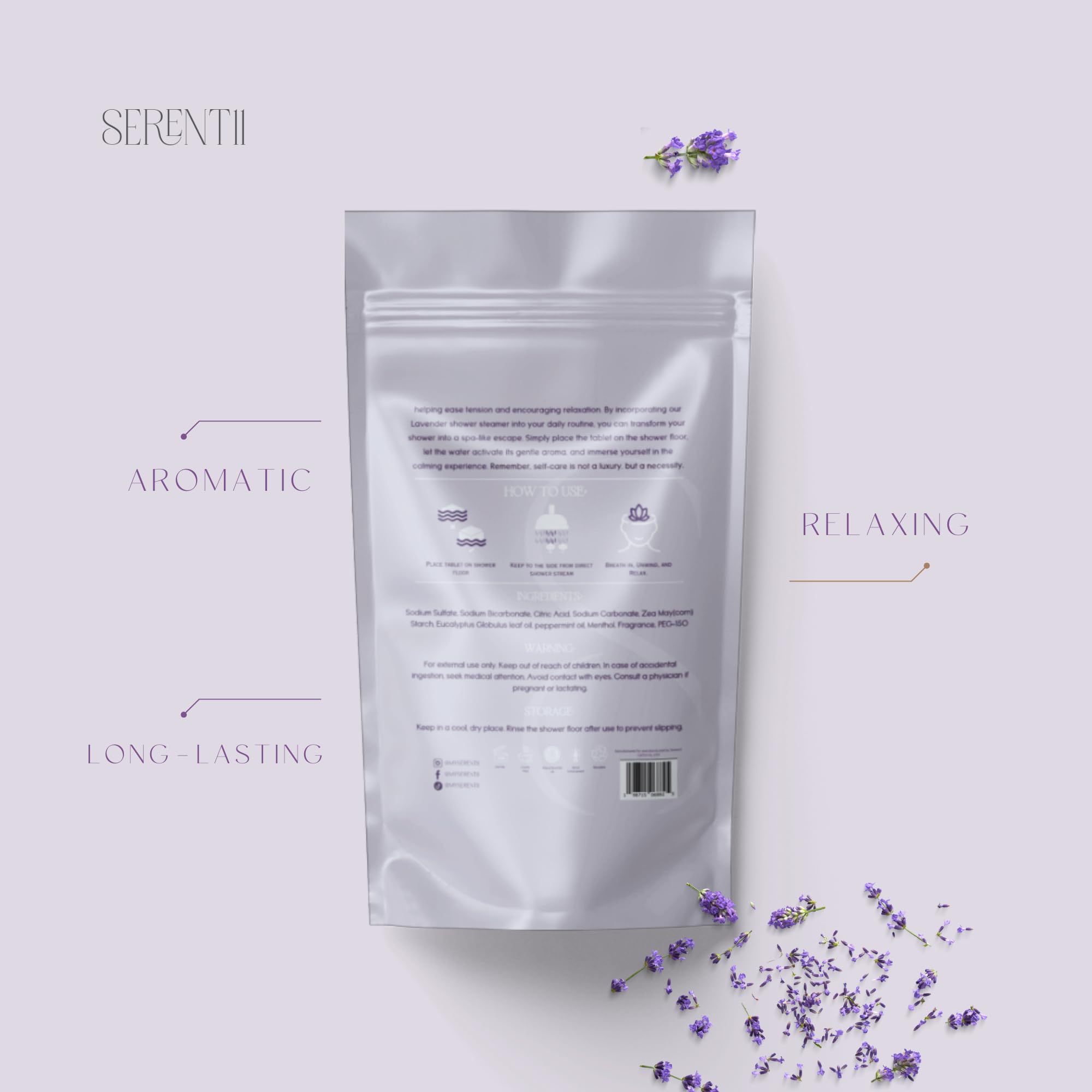Serentii self-care gift concept featuring lavender shower steamers