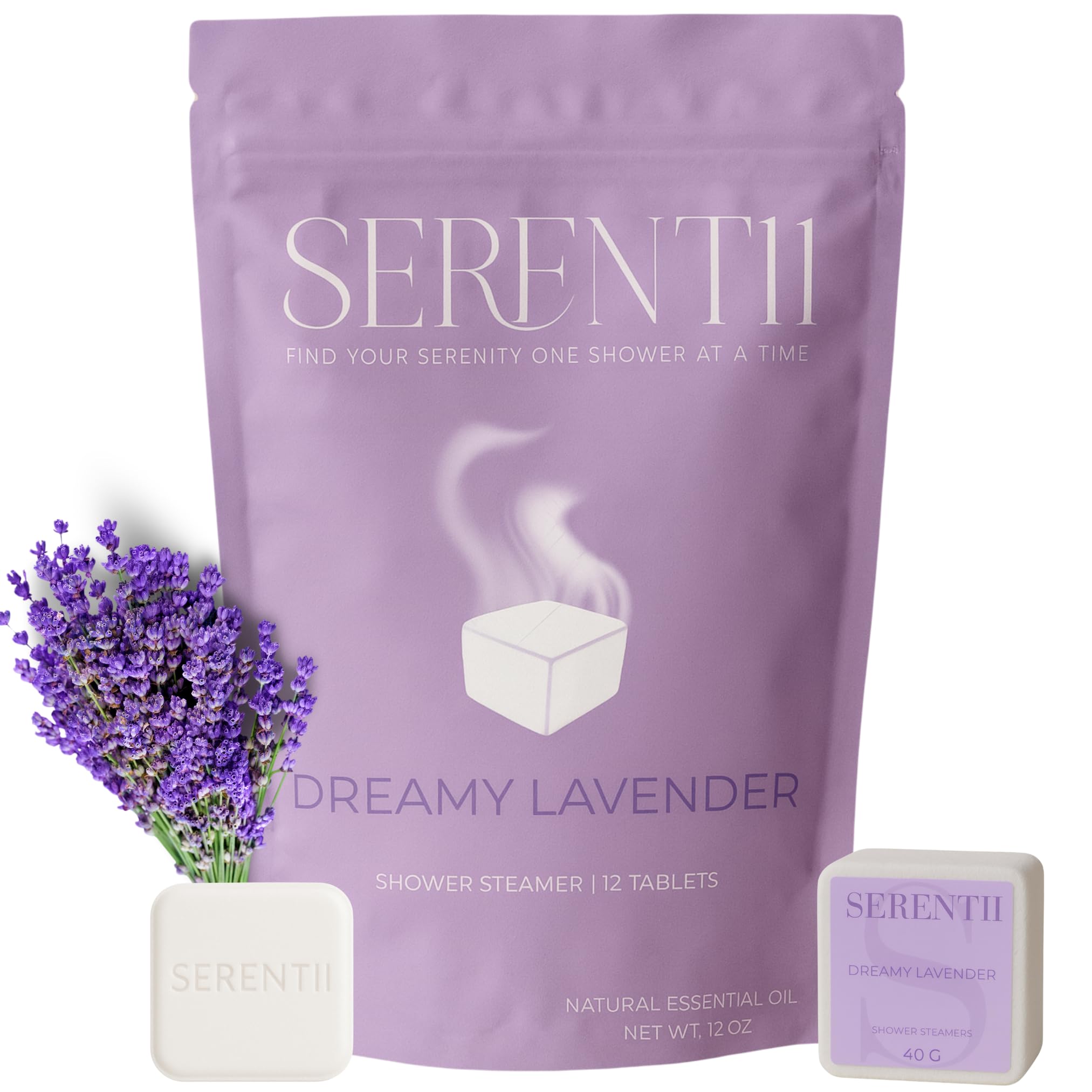 Serentii lavender shower steamer tablet releasing spa-like fragrance in the shower