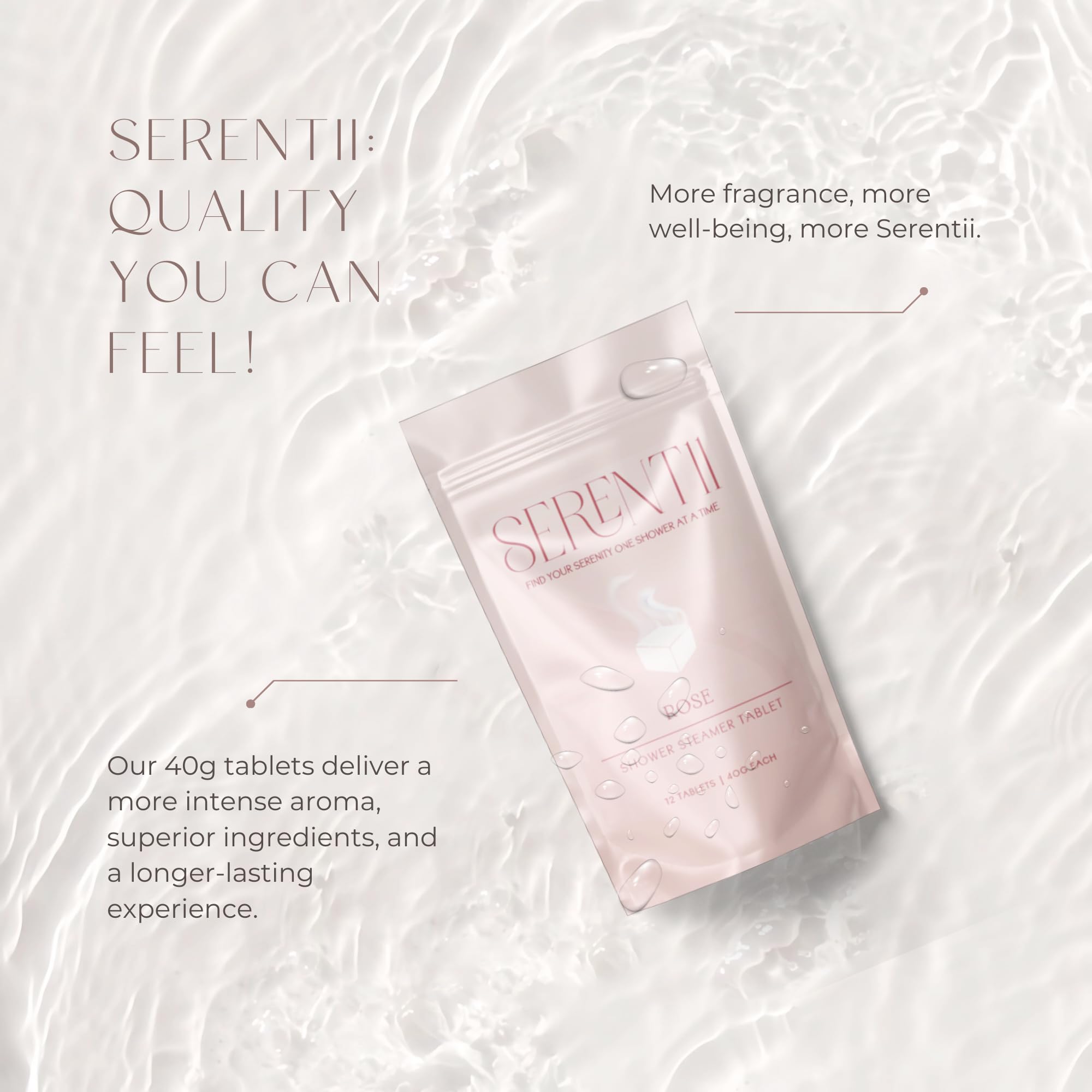Serentii shower steamer rose in bathroom scene releasing aroma.