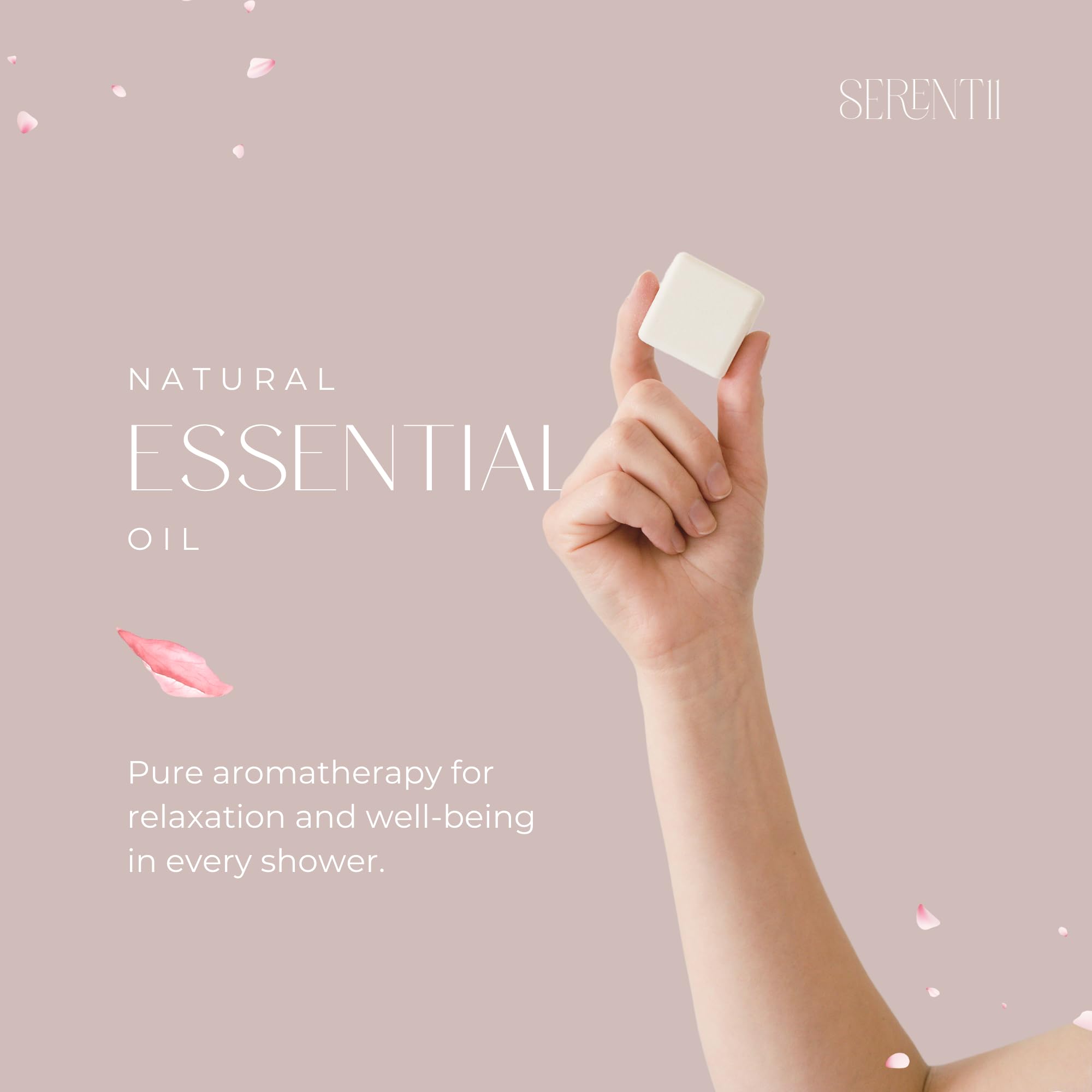 Serentii shower steamer rose close-up highlighting compact tablet.