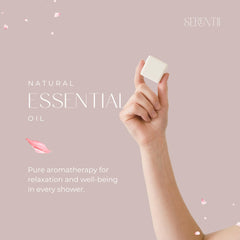 Serentii shower steamer rose close-up highlighting compact tablet.