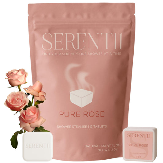 Serentii shower steamer rose front view in gift-ready packaging.