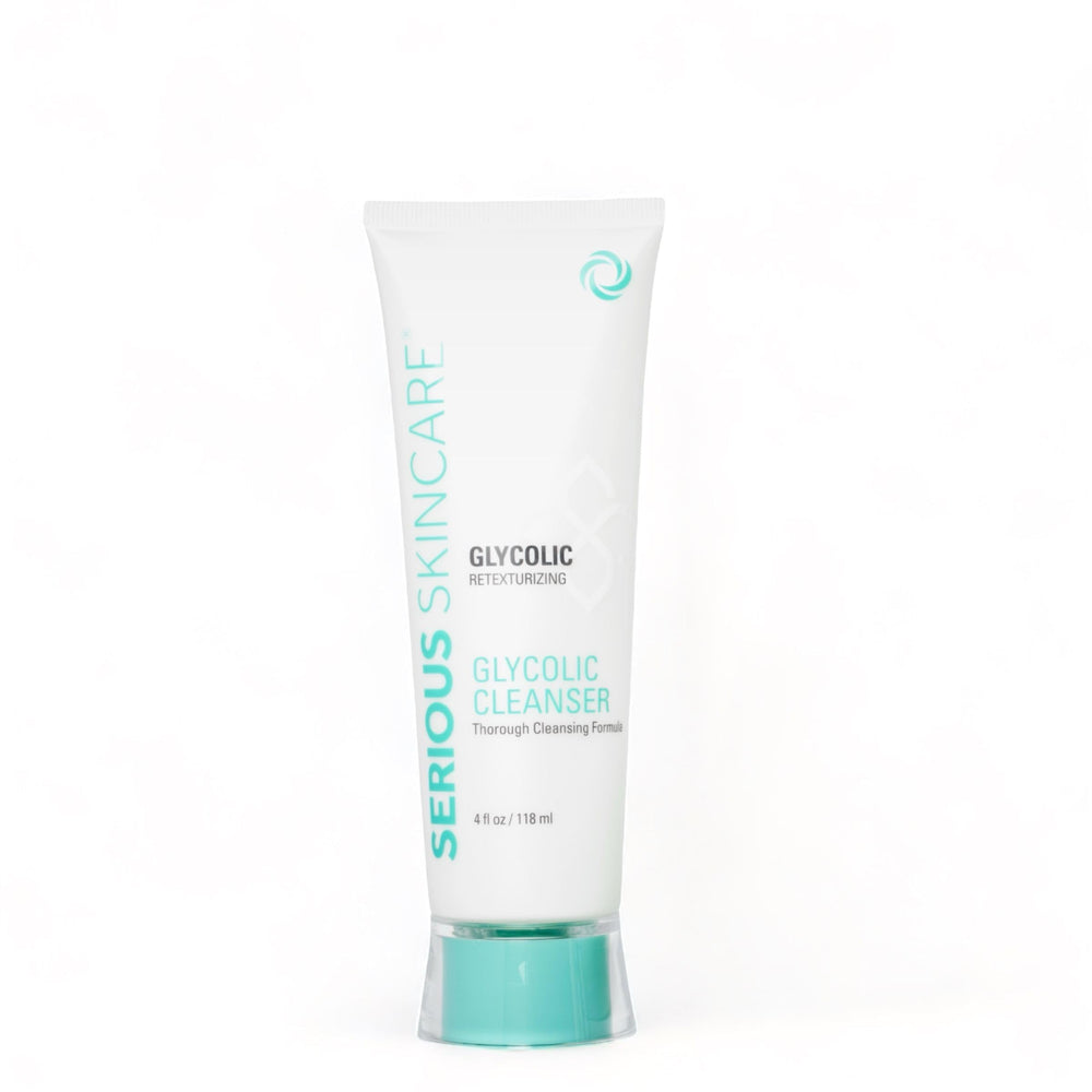 Serious Skincare Glycolic Cleanser bottle closeup, non-drying formula for clean pores.