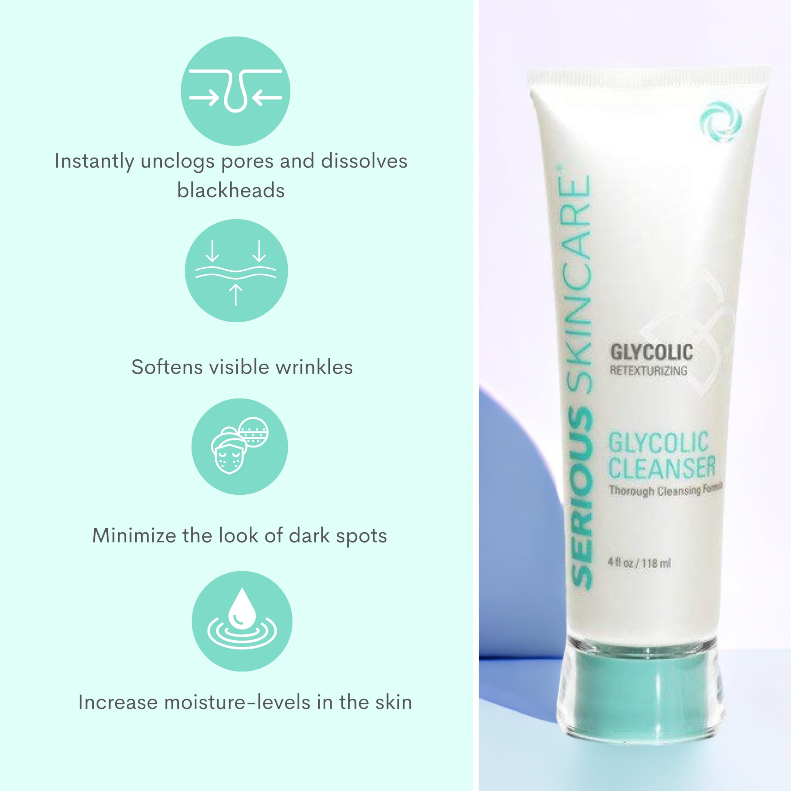 Exposed ingredients in Glycolic Cleanser emphasize 10% glycolic acid for resurfacing.