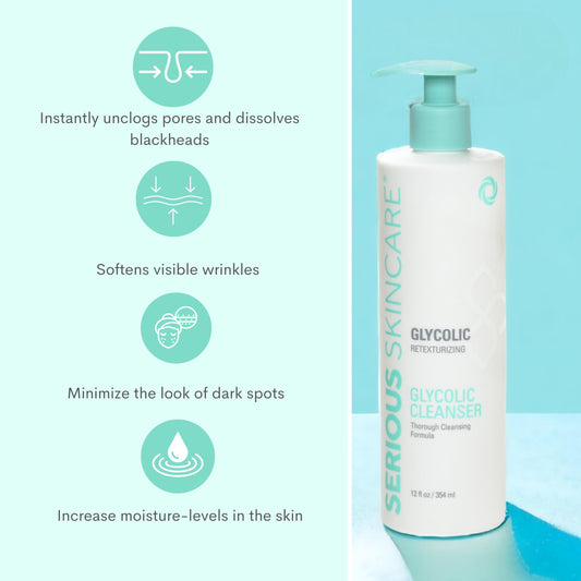 Serious Skincare Glycolic Cleanser with pump refreshes skin by removing oil and makeup