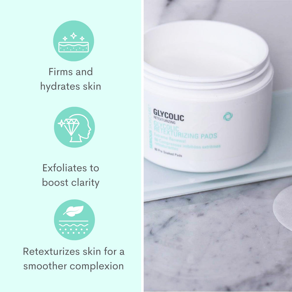 Serious Skincare Glycolic Retexturizing Trio packaging shows cleansing, exfoliating and renewing steps