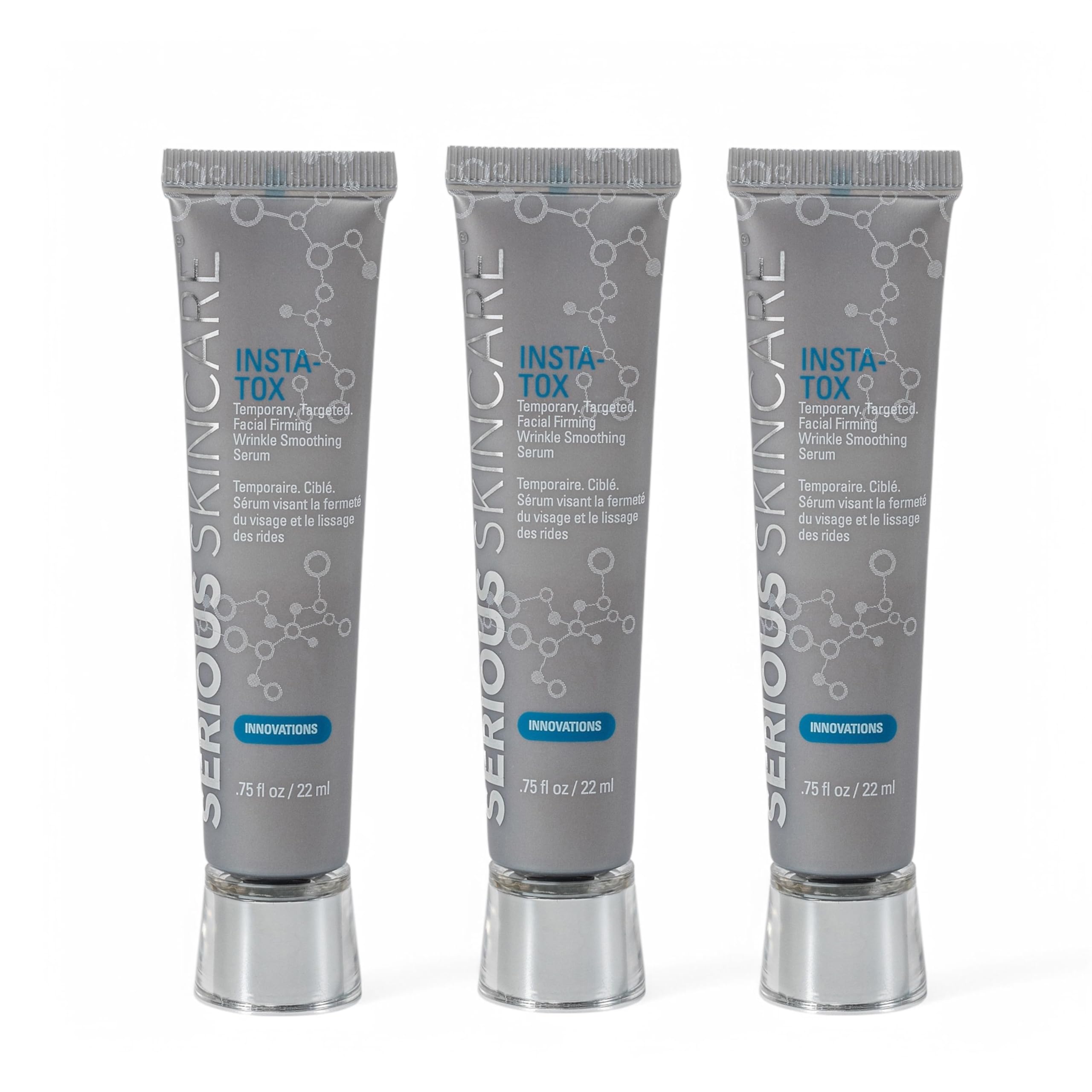 Serious Skincare INSTA-TOX serum trio bottles ready for quick, on-the-go wrinkle smoothing