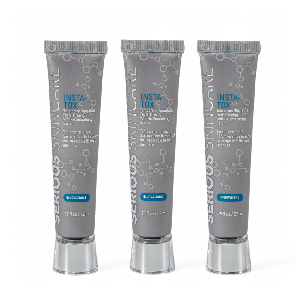 Serious Skincare INSTA-TOX serum trio bottles ready for quick, on-the-go wrinkle smoothing