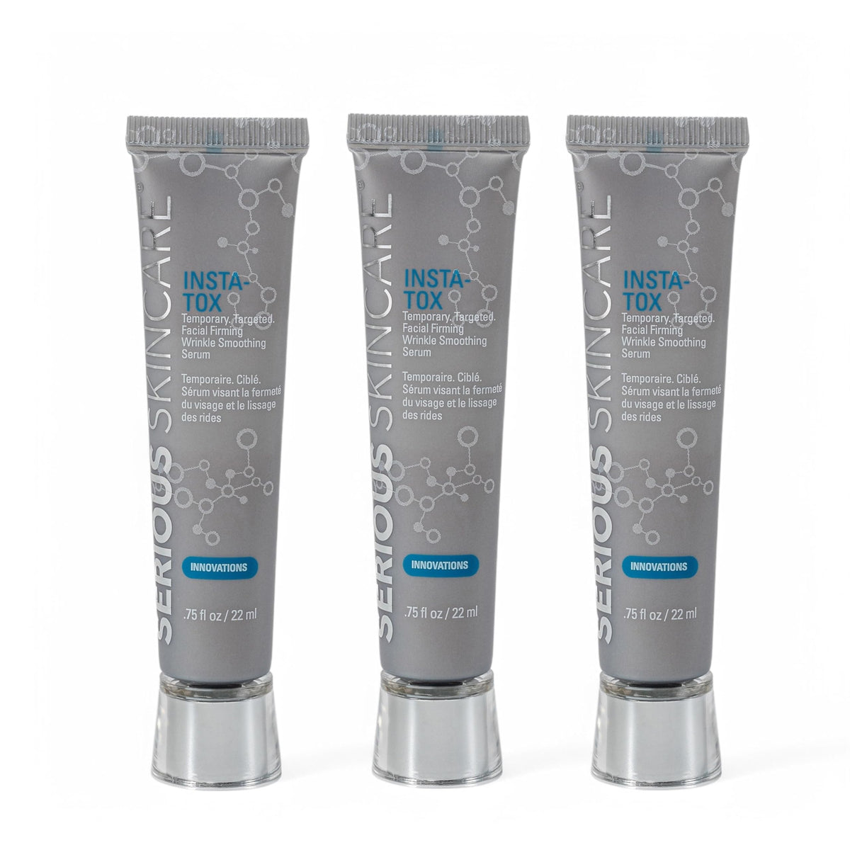 Serious Skincare INSTA-TOX serum trio bottles ready for quick, on-the-go wrinkle smoothing