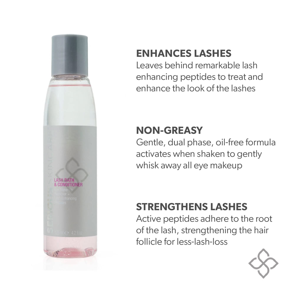 Serious Skincare Lash Bath with cotton pad showing gentle, oil-free cleansing around the eye area.