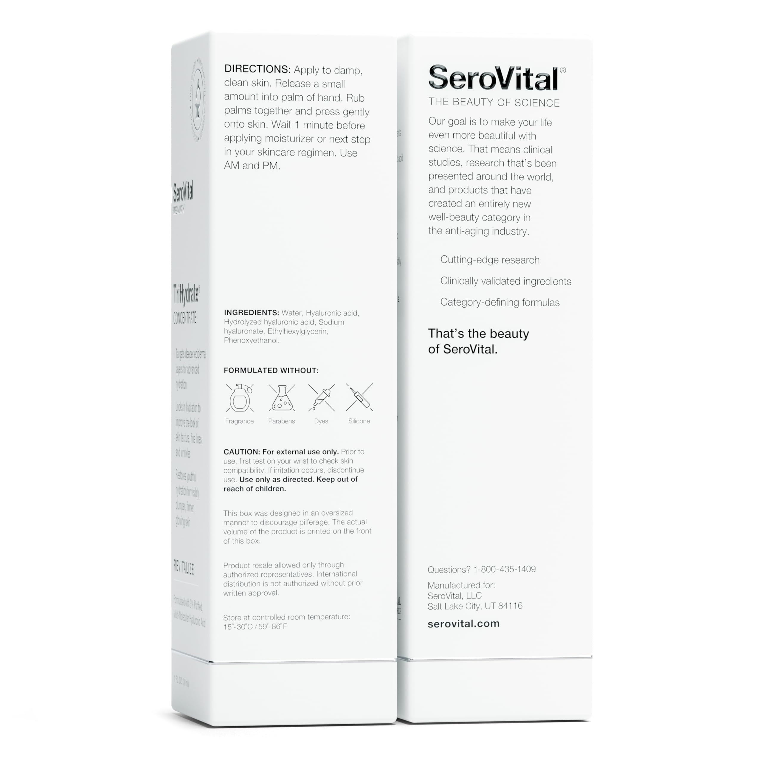 Serovital TriHydrate ingredients panel highlights 3% hyaluronic acid.
