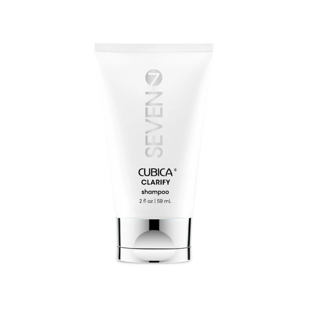 SEVEN Cubica Clarifying Shampoo bottle pour highlights essential oils for scalp refreshment and buildup removal