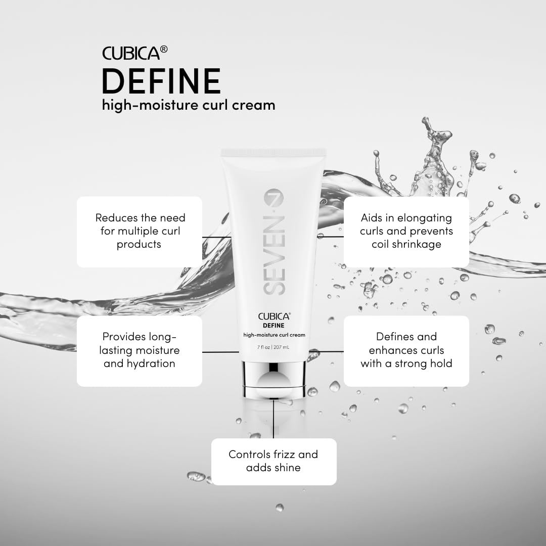 SEVEN Cubica Define on damp hair demonstrating elongated curls and reduced shrinkage