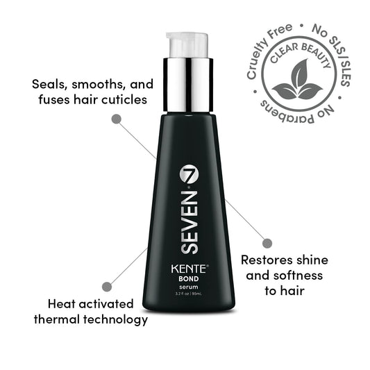 SEVEN Kente Bond Serum packaging closeup showing sulfate-free formula for healthy hair.