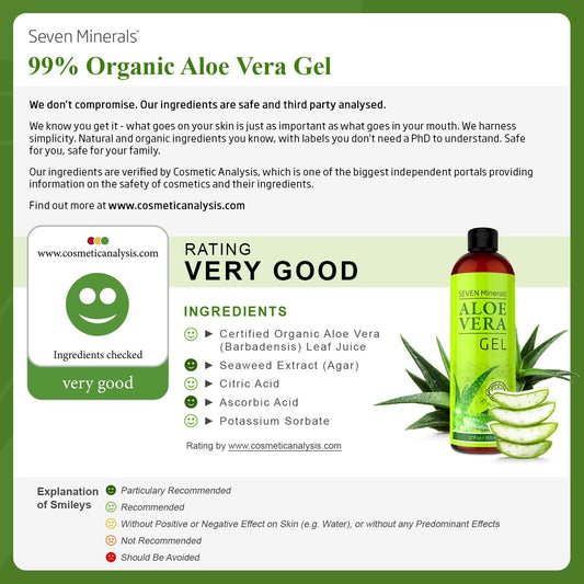 Seven Minerals Aloe Vera Gel being applied to skin for soothing daily care.