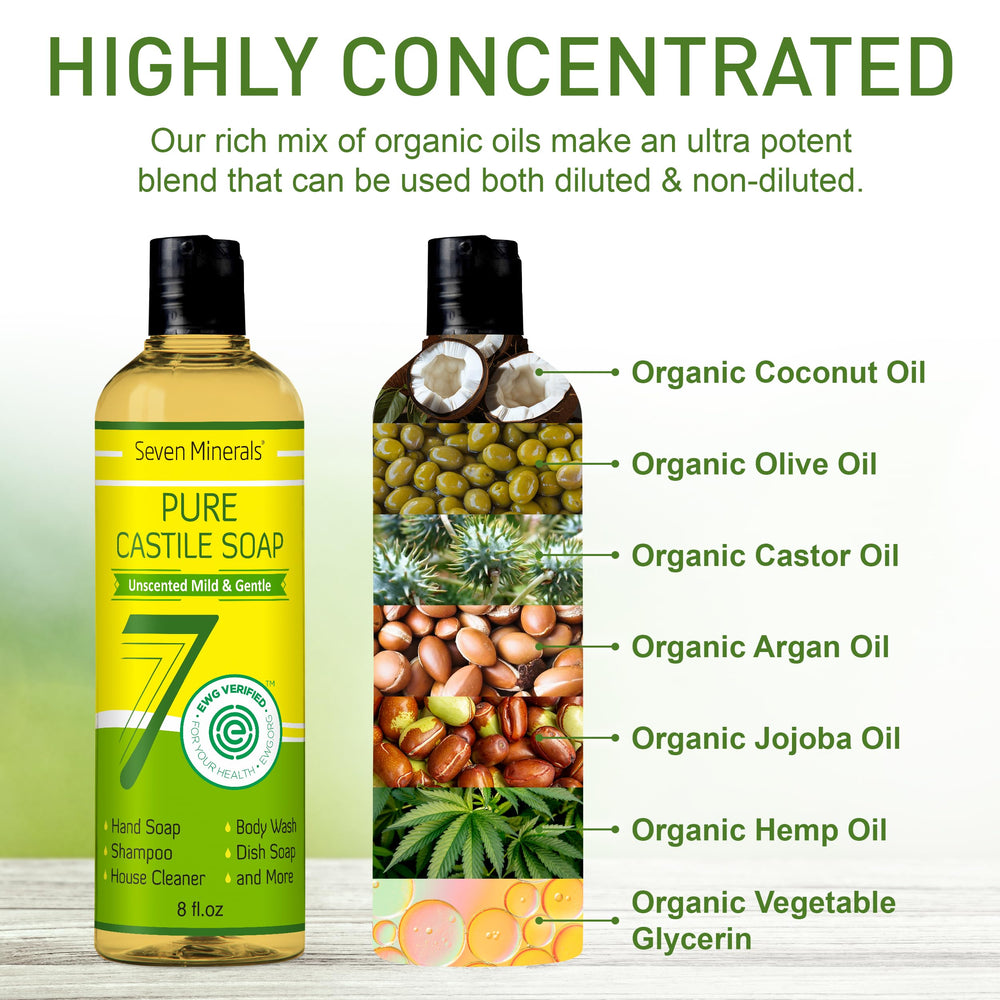 Seven Minerals Pure Castile Soap uses organic carrier oils for nourishing cleansing.