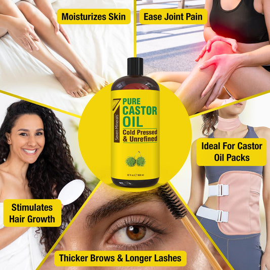 Seven Minerals cold pressed castor oil pour demonstrates convenient slow dispensing.