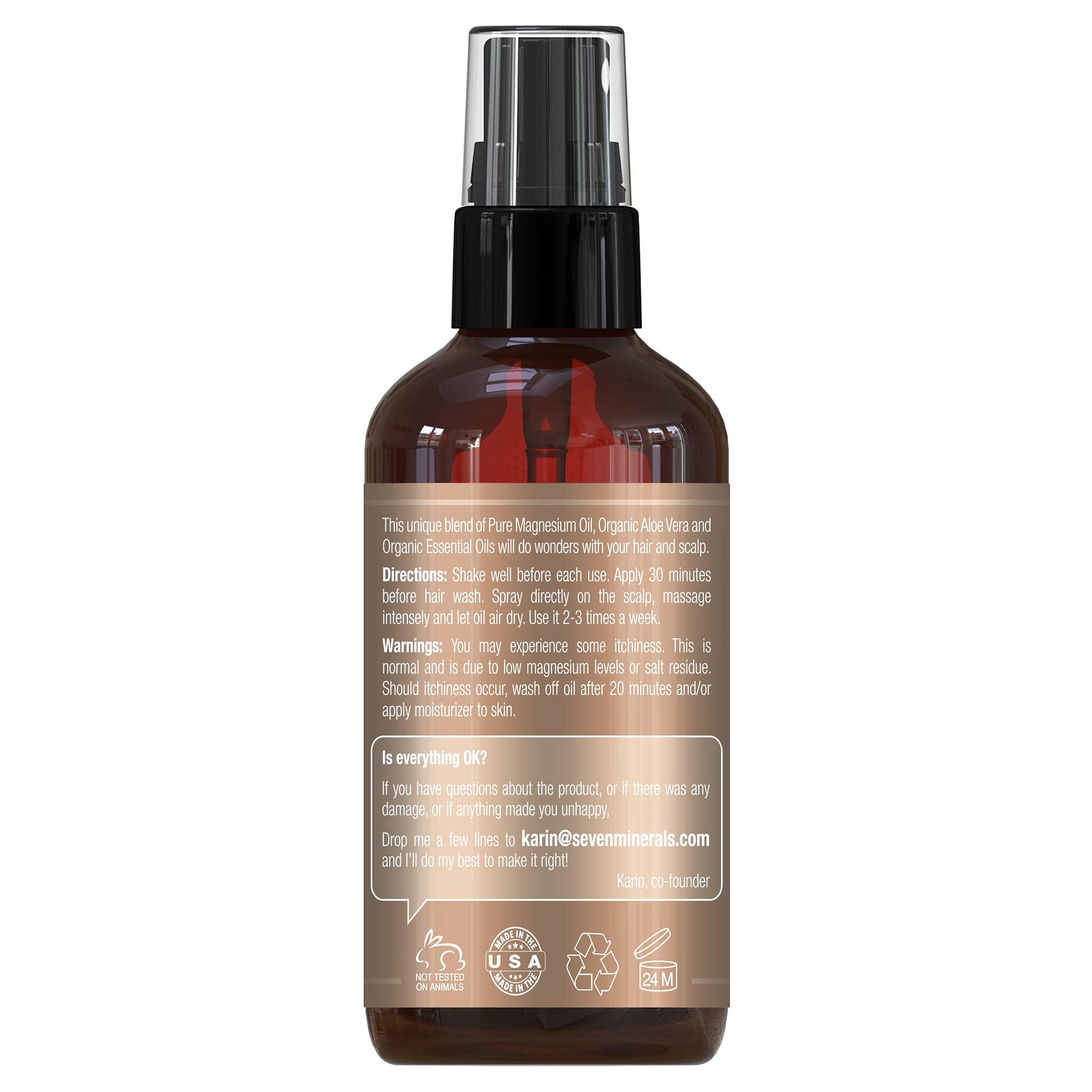 Seven Minerals magnesium spray closeup label emphasizes USA-made, natural formulation.