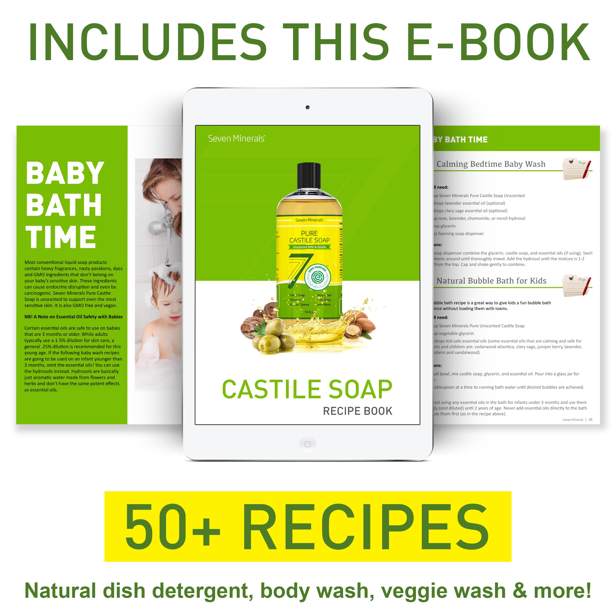 Includes a free Recipe E-Book for custom home cleansers with Seven Minerals Castile Soap.