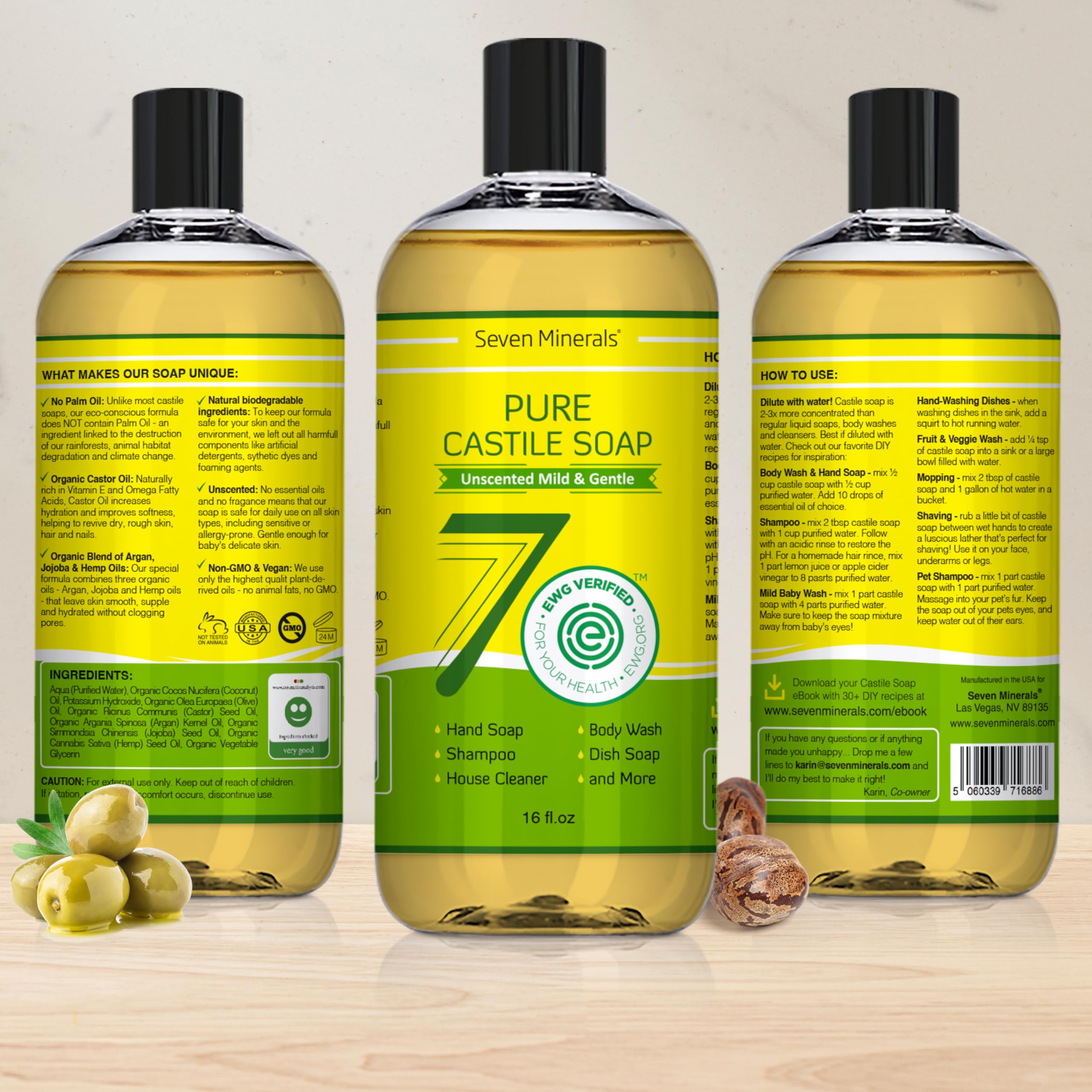 Organic oils blend in Seven Minerals Pure Castile Soap highlight coconut, olive, castor, jojoba, argan, and hemp.