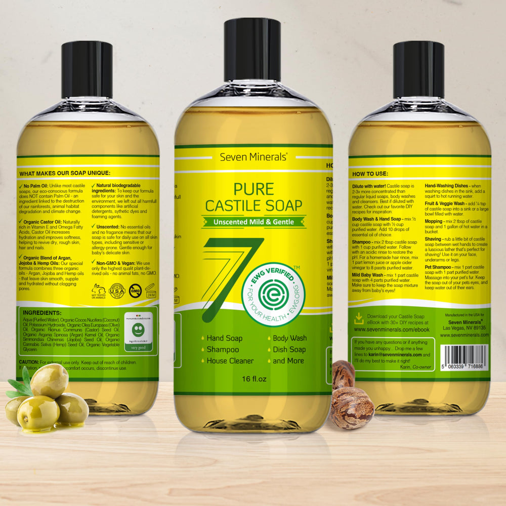 Organic oils blend in Seven Minerals Pure Castile Soap highlight coconut, olive, castor, jojoba, argan, and hemp.