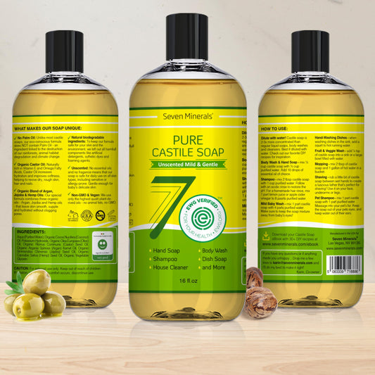 Organic oils blend in Seven Minerals Pure Castile Soap highlight coconut, olive, castor, jojoba, argan, and hemp.