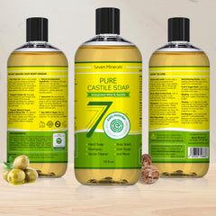Organic oils blend in Seven Minerals Pure Castile Soap highlight coconut, olive, castor, jojoba, argan, and hemp.