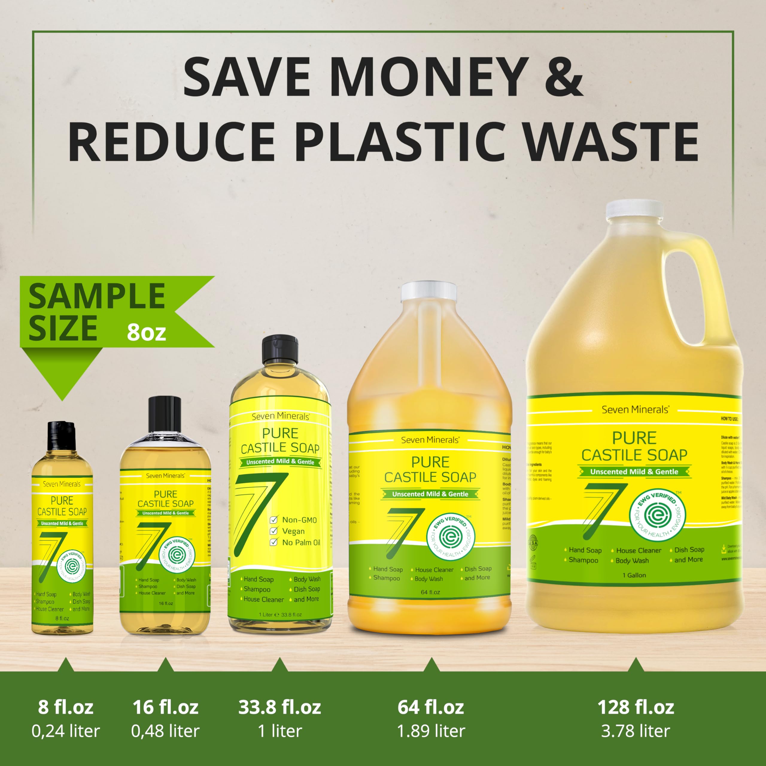 Seven Minerals Pure Castile Soap for versatile body wash, dish soap, or laundry.